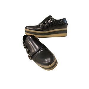 Pons Quintana Black Leather Flat Wedge Shoes Triple Buckle Sz7